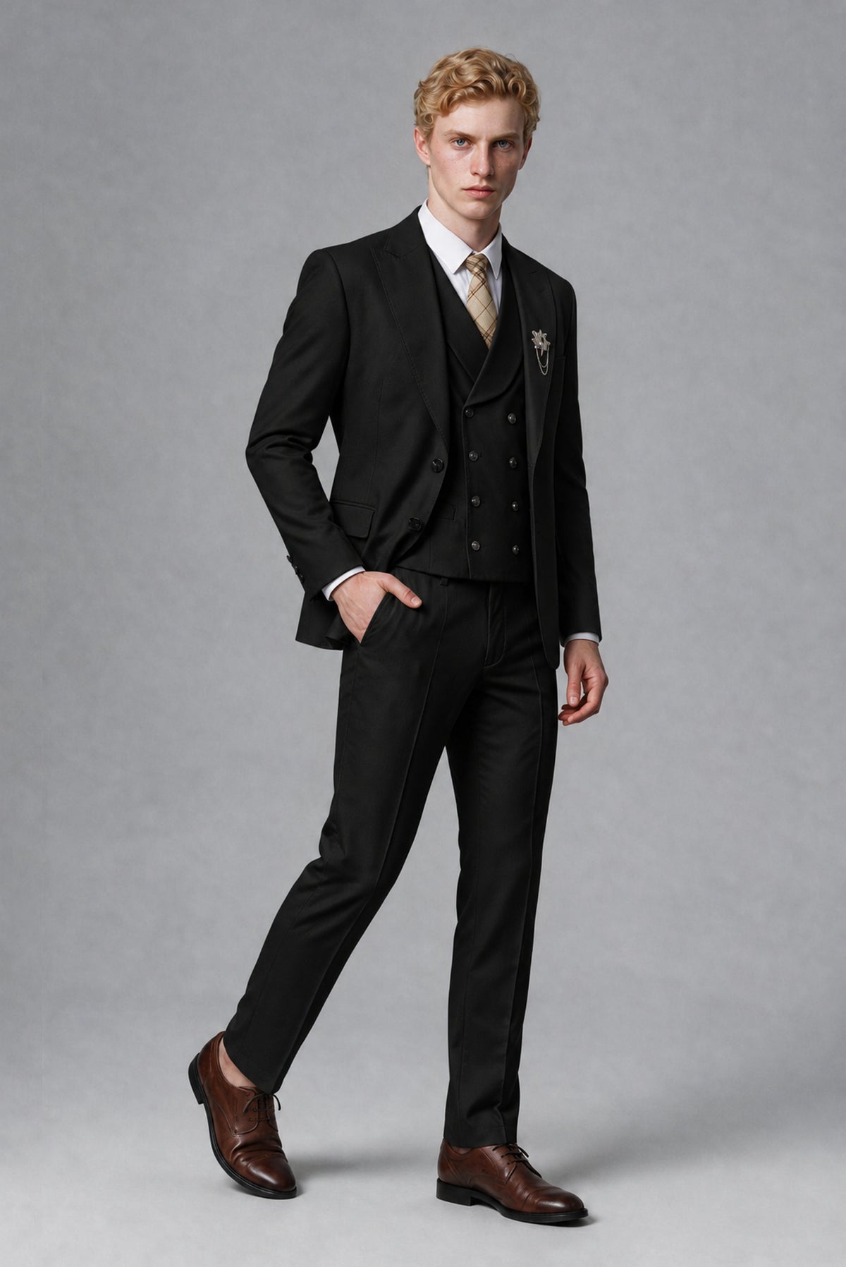 Savile Men's Black Three-Piece Wedding Suit with Double-Breasted Waistcoat - Black