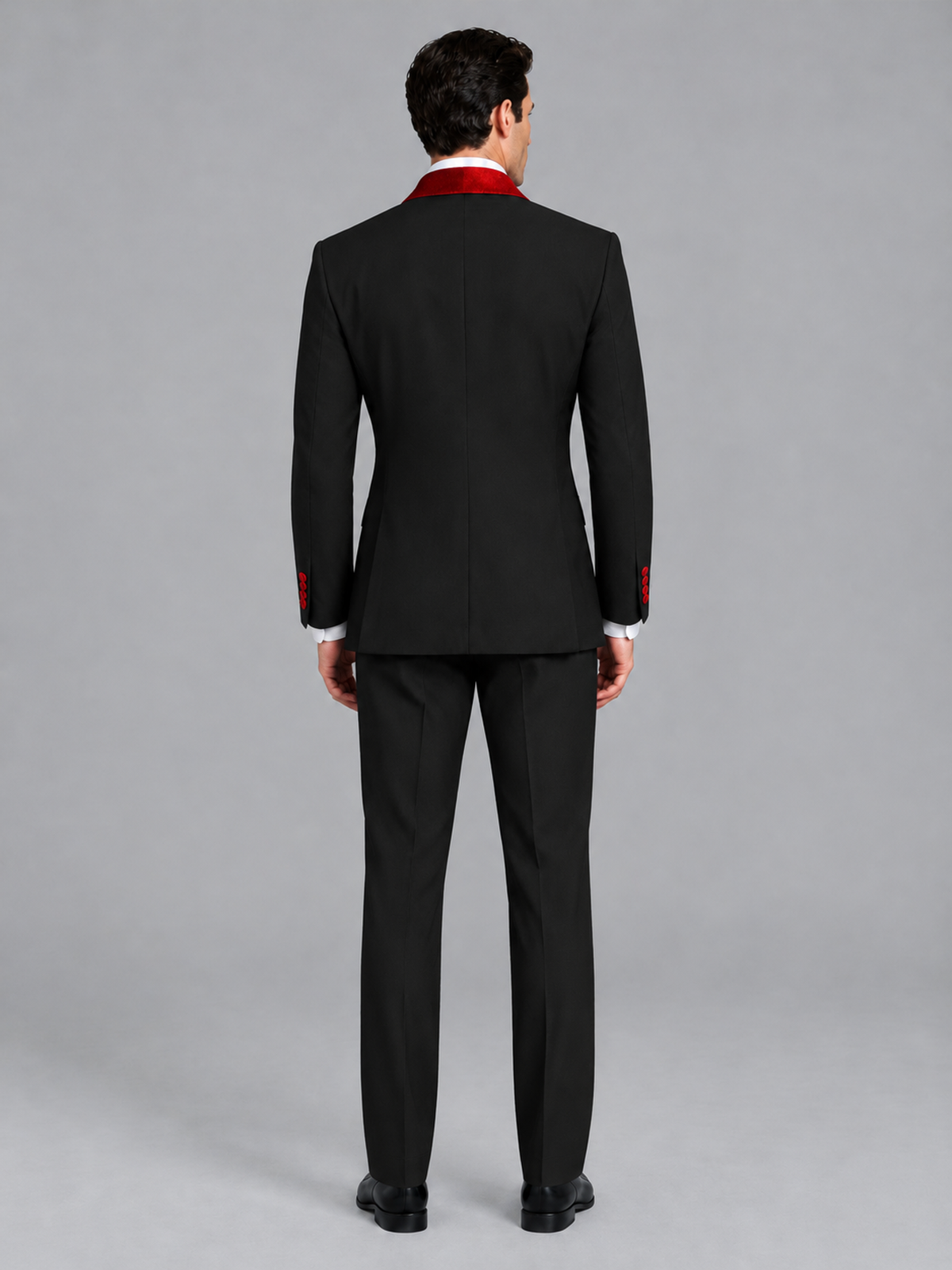 Savile Men's Black 3-Piece Tuxedo Suit Set – Contrast Red Shawl Lapel Blazer, Red Waistcoat & Trousers - SUC020 - Black