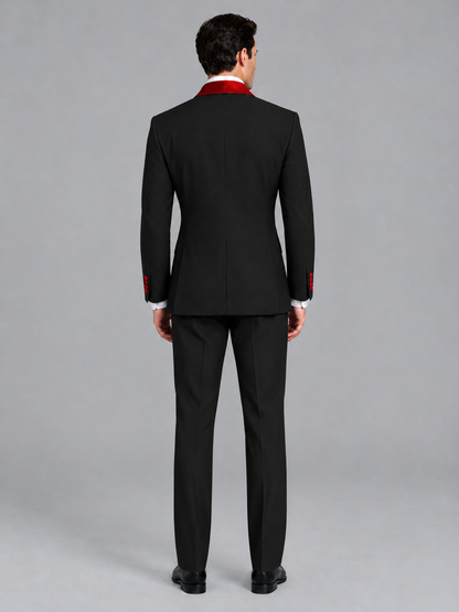 Savile Men's Black 3-Piece Tuxedo Suit Set – Contrast Red Shawl Lapel Blazer, Red Waistcoat & Trousers - SUC020 - Black
