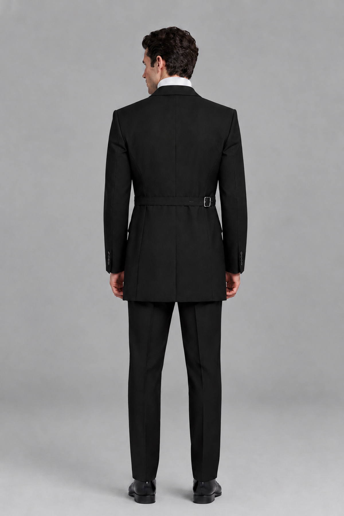 Savile Men's Black Double Buckle Wrap Belted 2-Piece Suit Set – Peak Lapel Slim-Fit Jacket & Trousers - Black - Black_3