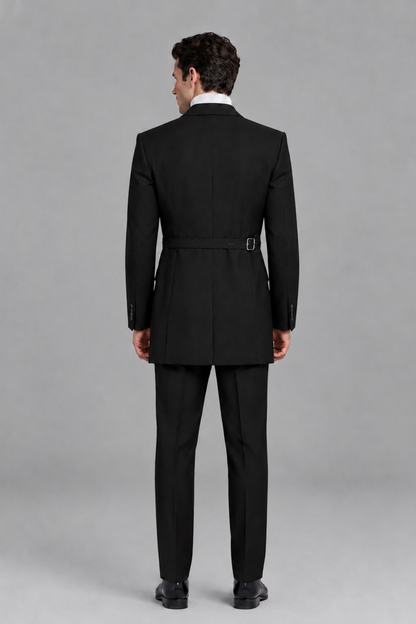 Savile Men's Black Double Buckle Wrap Belted 2-Piece Suit Set – Peak Lapel Slim-Fit Jacket & Trousers - Black - Black_3