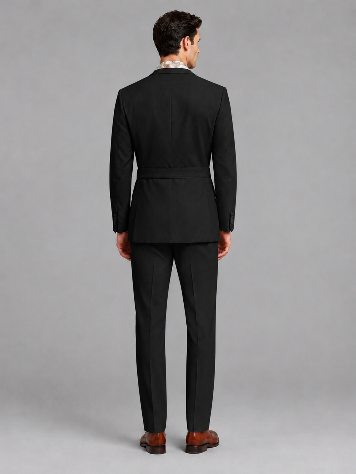 Savile Men's Black Belted Wrap 2-Piece Suit – Peak Lapel Blazer & Tailored Trousers - SUC060 - Black - Black_3