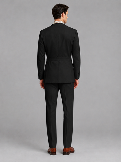 Savile Men's Black Belted Wrap 2-Piece Suit – Peak Lapel Blazer & Tailored Trousers - SUC060 - Black - Black_3