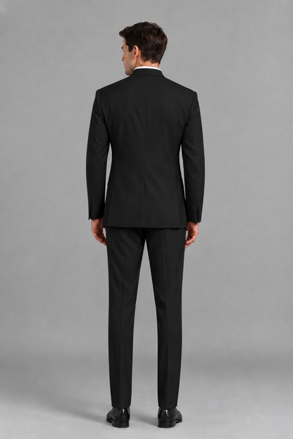 Savile Men's Black Asymmetrical Mandarin Collar Tuxedo Suit – Modern 2-Piece Gold Button Wedding, Prom & Gala Set - Black - Black_3
