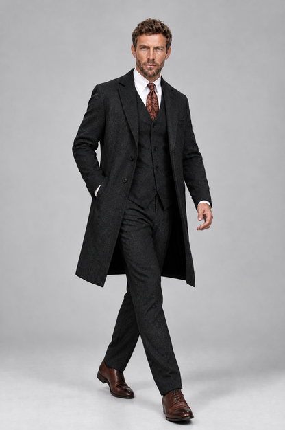 Savile Men's Black Grey 3-Piece Overcoat Suit Set – Notch Lapel Long Coat, Vest & Trousers - Black - Black_3