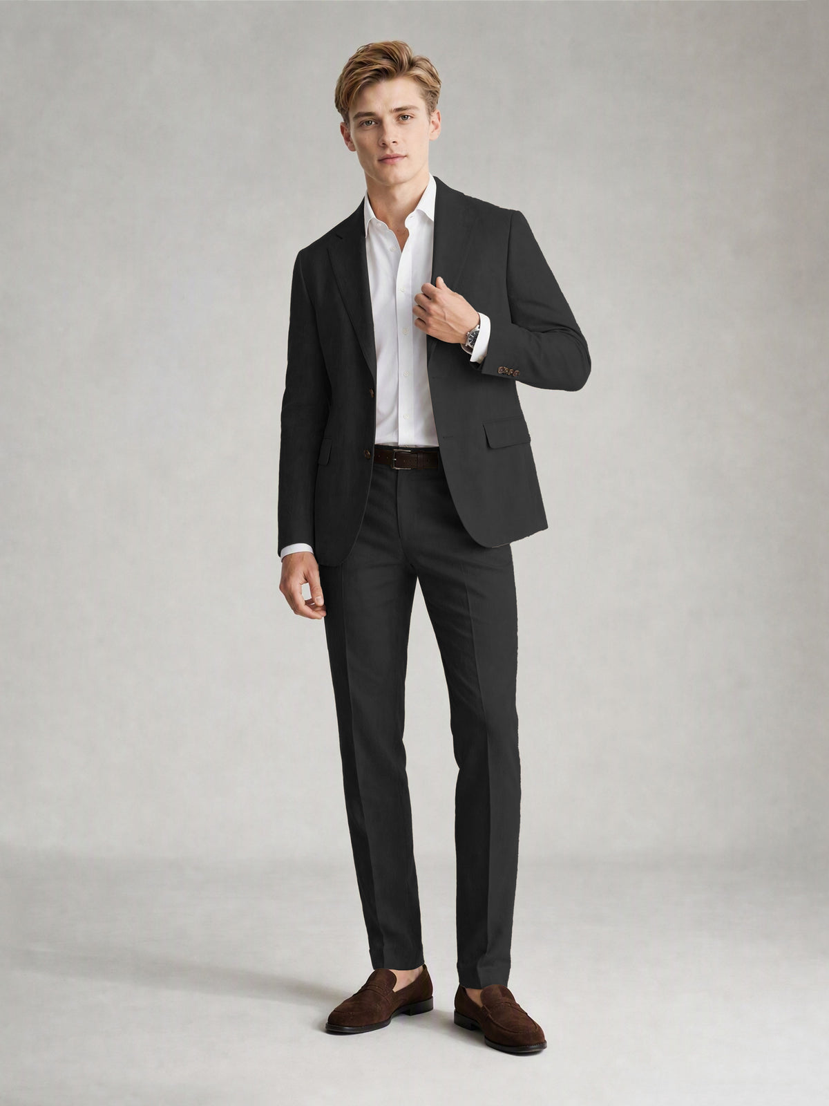 Savile Men's Sand Khaki Linen-Blend 2-Piece Suit Set – Two-Button Notch Lapel Slim-Fit Blazer & Slim Trousers - Black - Black