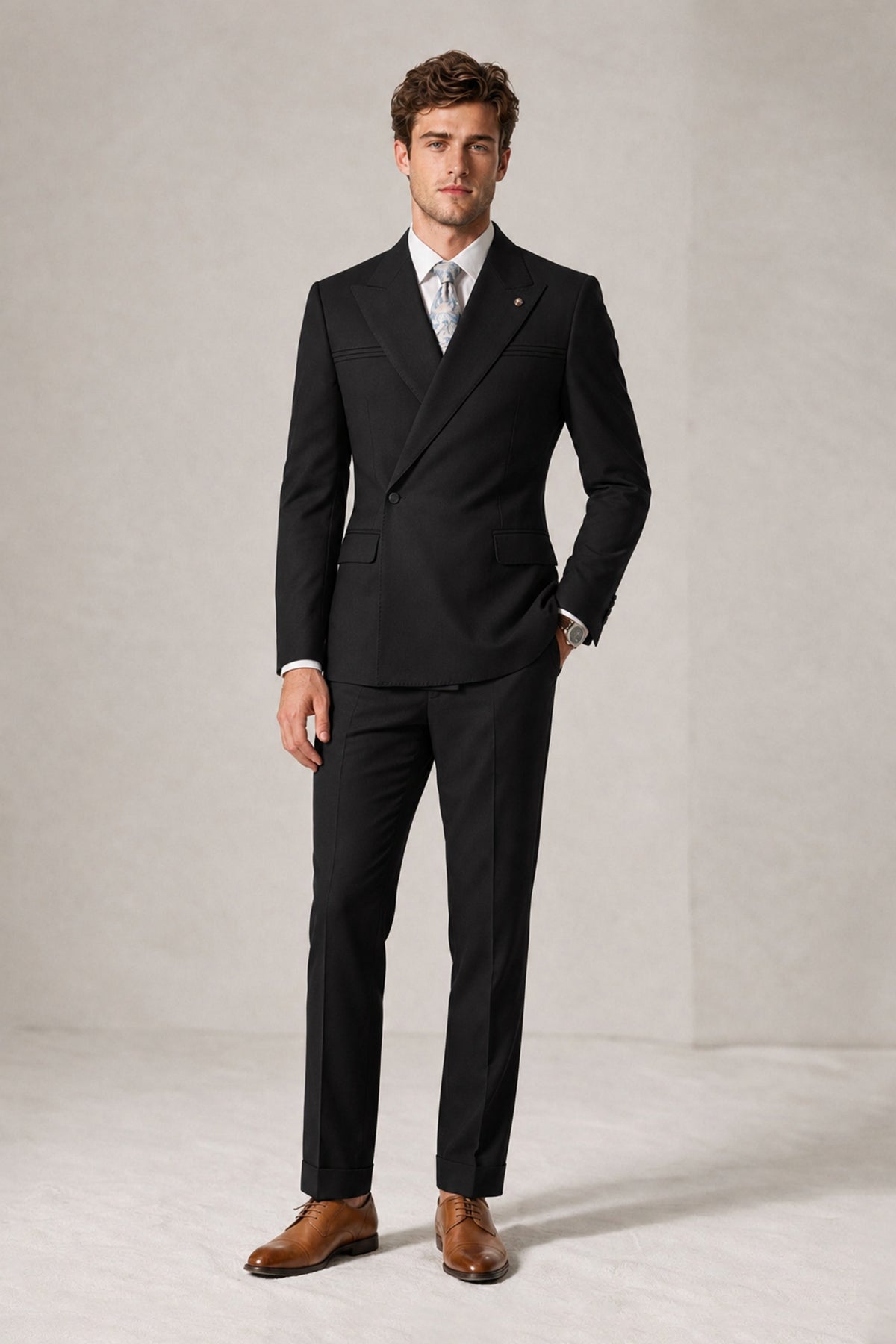 Savile Men's Black Double-Breasted Slim Fit 2-Piece Suit Set – Peak Lapel Blazer & Cuffed Trousers | Wedding Prom Formal - Black