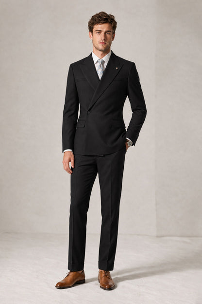Savile Men's Black Double-Breasted Slim Fit 2-Piece Suit Set – Peak Lapel Blazer & Cuffed Trousers | Wedding Prom Formal - Black
