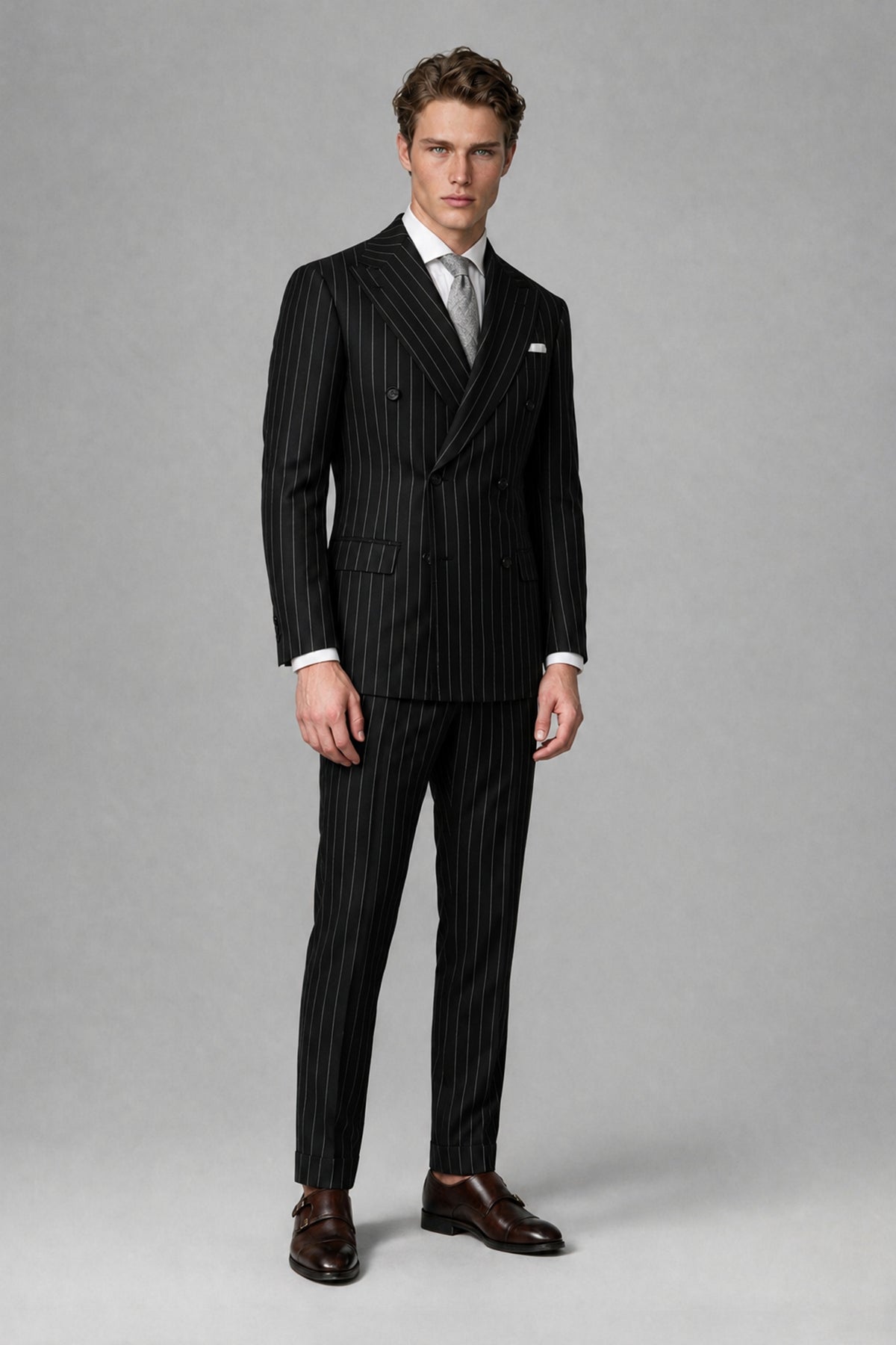 Savile Men's Black Pinstripe Double-Breasted 2-Piece Suit – Jacket & Trousers | QX0102 - Black