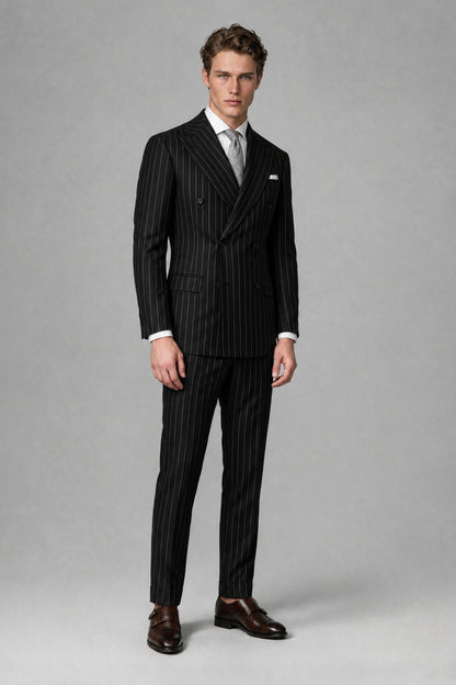 Savile Men's Black Pinstripe Double-Breasted 2-Piece Suit – Jacket & Trousers | QX0102 - Black