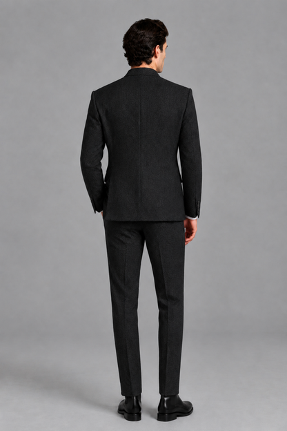Savile Men's Black Stand Collar Double Breasted Slim Fit 2-Piece Suit Set – Jacket & Trousers | Wedding Gala Formal - Black