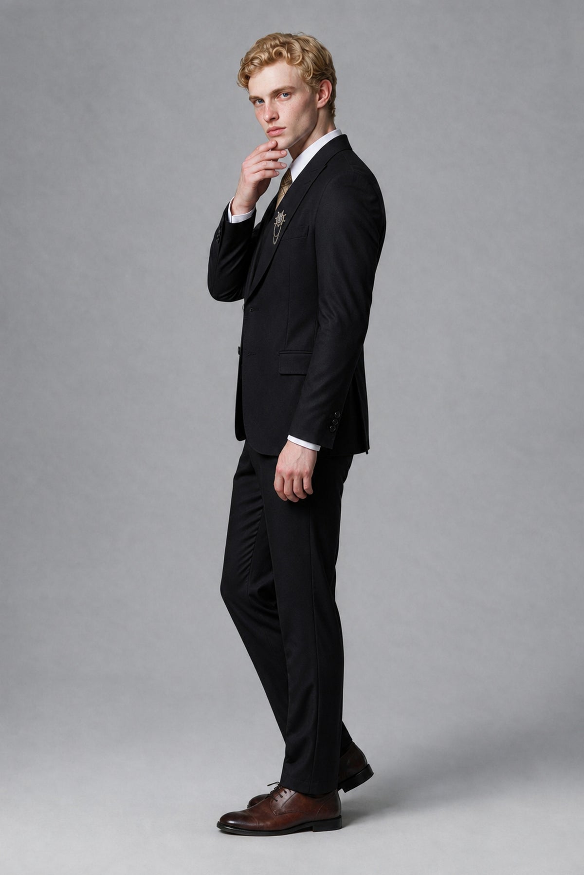 Savile Men's Black Three-Piece Wedding Suit with Double-Breasted Waistcoat - Black