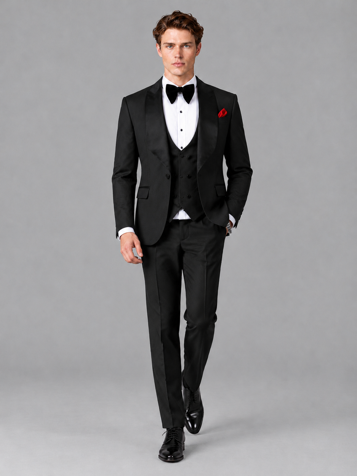 Savile Men's Black Houndstooth Shawl Lapel 3-Piece Tuxedo Suit Set – Jacket, Vest & Trousers - Black