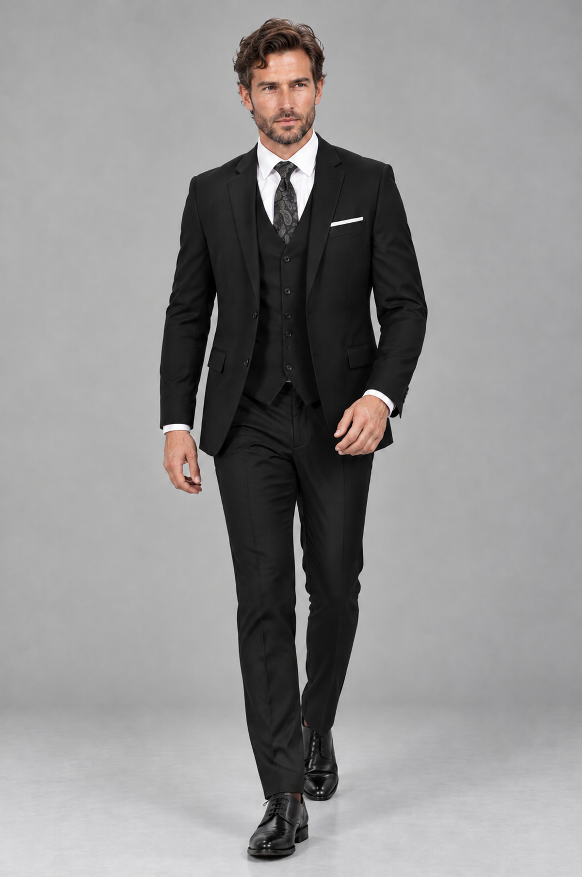 Savile Men's Black 3-Piece Suit Set – Notch Lapel Blazer, Vest & Trousers - Black - Black_4