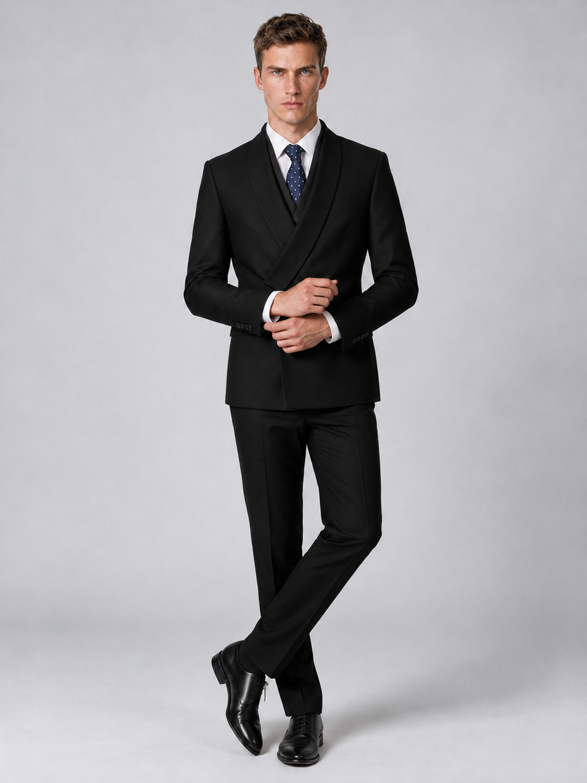 Savile Men's Black Wrap Shawl Lapel 2-Piece Suit Set – Modern Jacket & Trousers - Black - Black_4