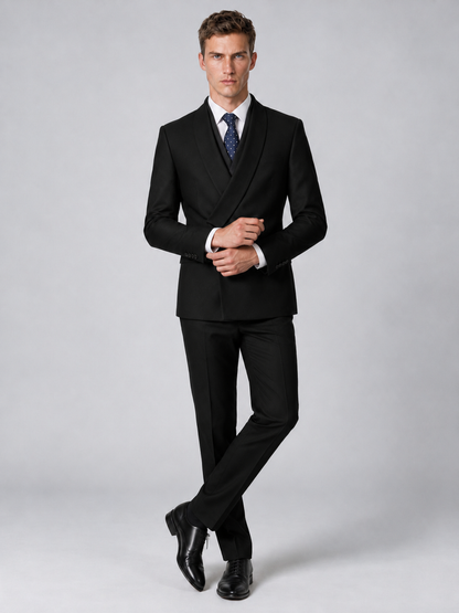 Savile Men's Black Wrap Shawl Lapel 2-Piece Suit Set – Modern Jacket & Trousers - Black - Black_4