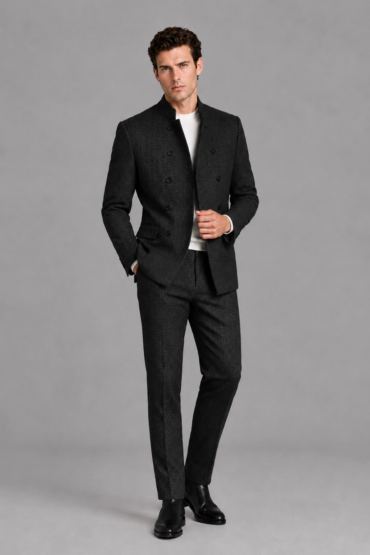 Savile Men's Black Stand Collar Double Breasted Slim Fit 2-Piece Suit Set – Jacket & Trousers | Wedding Gala Formal - Black