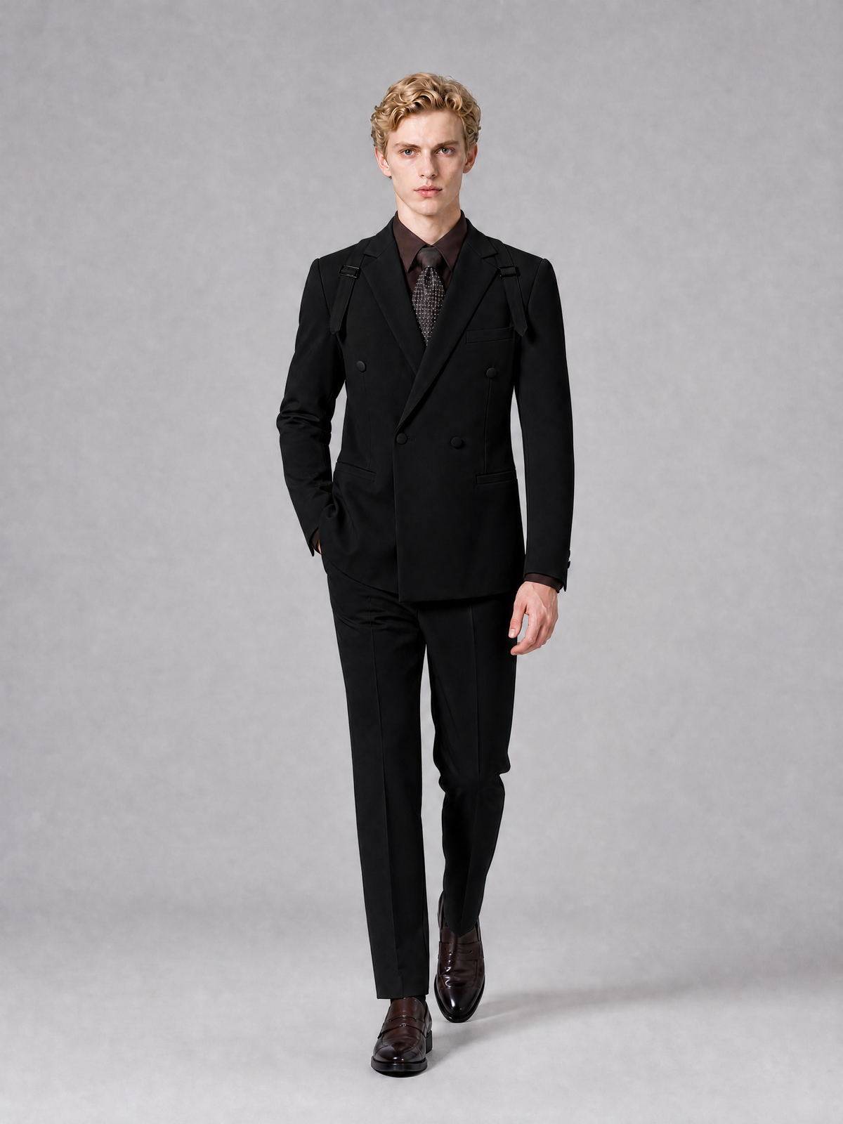 Men's Light Black Double-Breasted Slim Fit 2-Piece Suit – Peak Lapel Wedding & Business Formal Set - Black - Black_4
