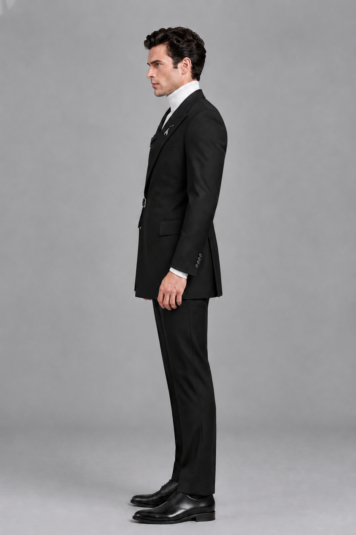 Savile Men's Black Double Buckle Wrap Belted 2-Piece Suit Set – Peak Lapel Slim-Fit Jacket & Trousers - Black - Black_4