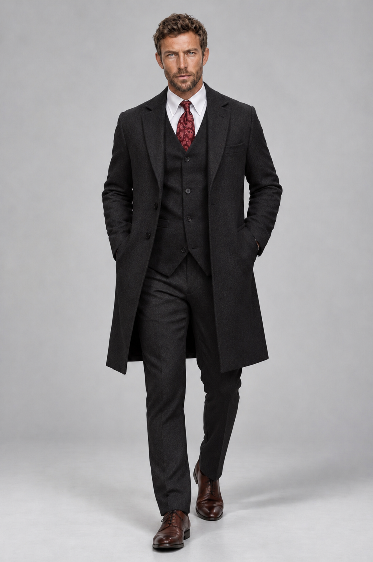 Savile Men's Black Grey 3-Piece Overcoat Suit Set – Notch Lapel Long Coat, Vest & Trousers - Black - Black_4