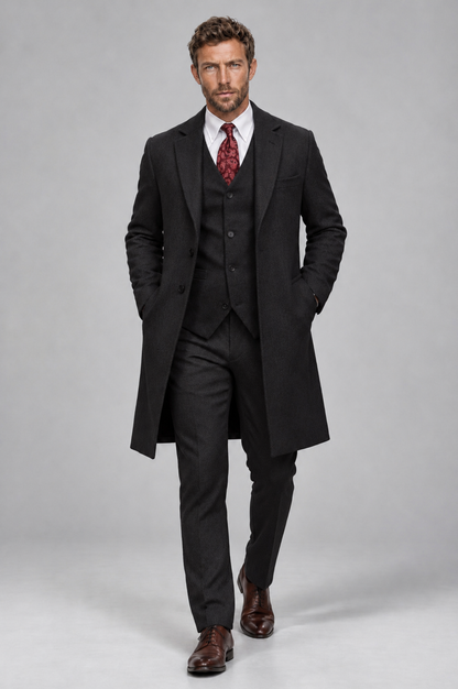 Savile Men's Black Grey 3-Piece Overcoat Suit Set – Notch Lapel Long Coat, Vest & Trousers - Black - Black_4
