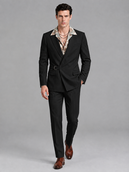 Savile Men's Black Belted Wrap 2-Piece Suit – Peak Lapel Blazer & Tailored Trousers - SUC060 - Black - Black_4