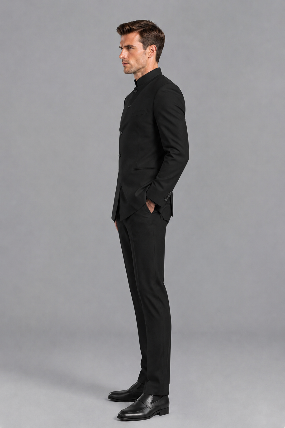 Savile Men's Black Asymmetrical Mandarin Collar Tuxedo Suit – Modern 2-Piece Gold Button Wedding, Prom & Gala Set - Black - Black_4