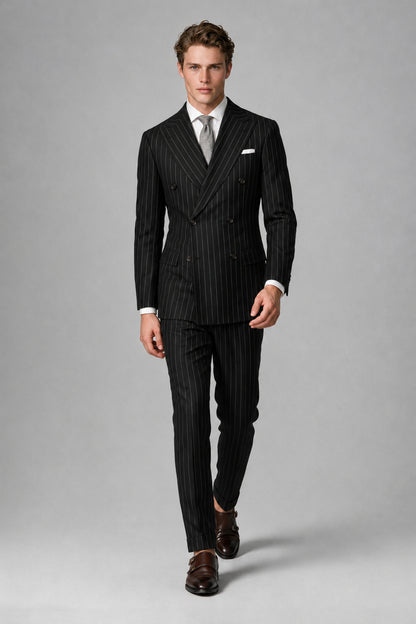 Savile Men's Black Pinstripe Double-Breasted 2-Piece Suit – Jacket & Trousers | QX0102 - Black