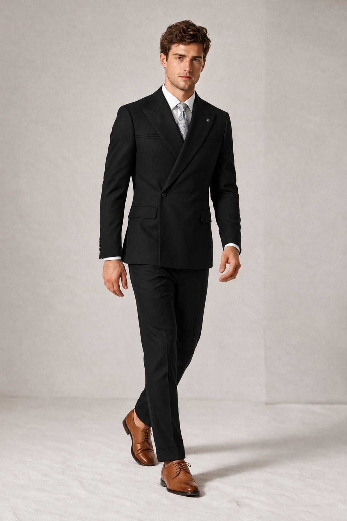Savile Men's Black Double-Breasted Slim Fit 2-Piece Suit Set – Peak Lapel Blazer & Cuffed Trousers | Wedding Prom Formal - Black