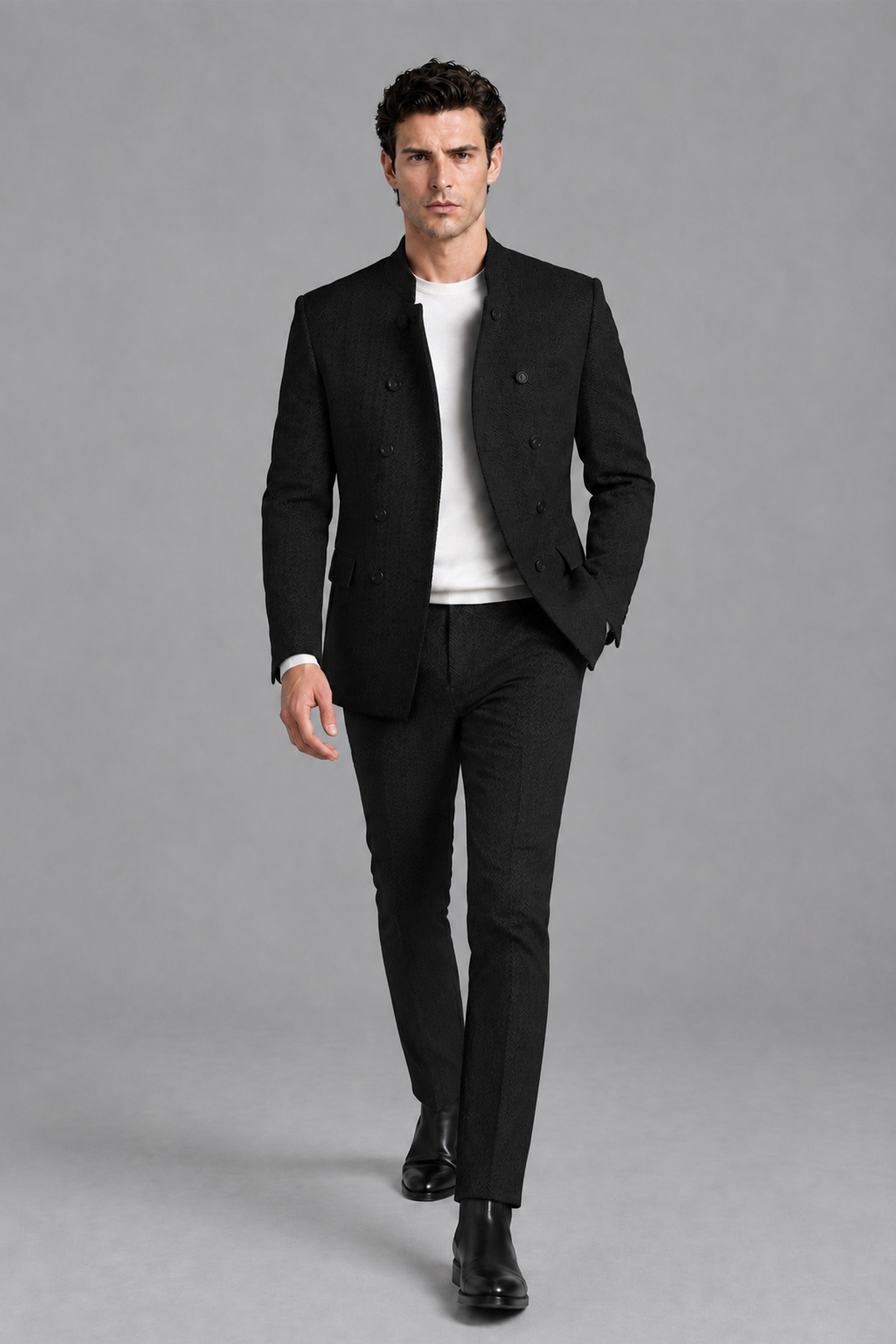 Savile Men's Black Stand Collar Double Breasted Slim Fit 2-Piece Suit Set – Jacket & Trousers | Wedding Gala Formal - Black