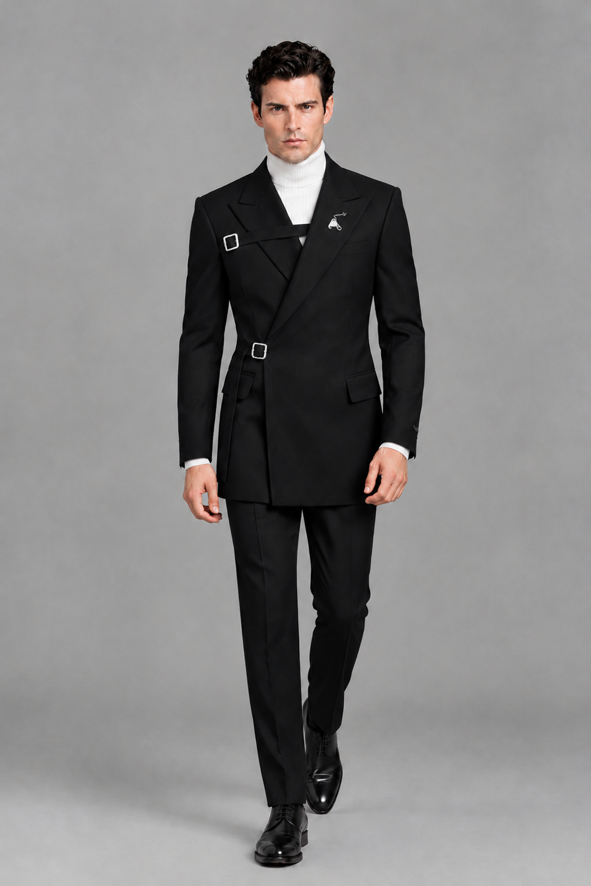 Savile Men's Black Double Buckle Wrap Belted 2-Piece Suit Set – Peak Lapel Slim-Fit Jacket & Trousers - Black - Black_5