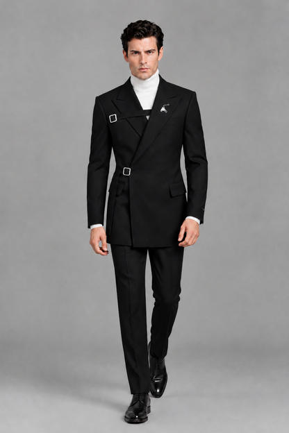 Savile Men's Black Double Buckle Wrap Belted 2-Piece Suit Set – Peak Lapel Slim-Fit Jacket & Trousers - Black - Black_5