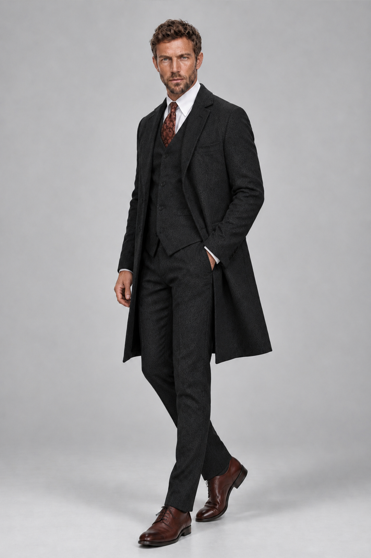 Savile Men's Black Grey 3-Piece Overcoat Suit Set – Notch Lapel Long Coat, Vest & Trousers - Black - Black_5