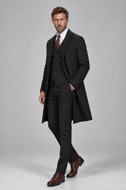 Savile Men's Black Grey 3-Piece Overcoat Suit Set – Notch Lapel Long Coat, Vest & Trousers - Black - Black_5