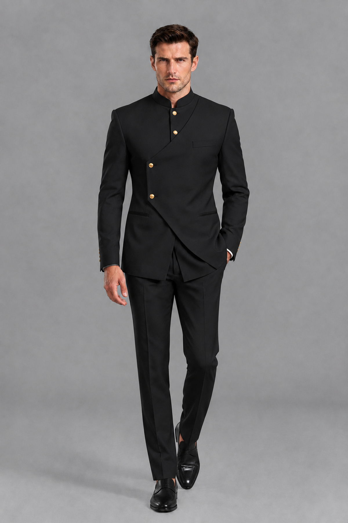 Savile Men's Black Asymmetrical Mandarin Collar Tuxedo Suit – Modern 2-Piece Gold Button Wedding, Prom & Gala Set - Black - Black_5