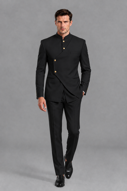 Savile Men's Black Asymmetrical Mandarin Collar Tuxedo Suit – Modern 2-Piece Gold Button Wedding, Prom & Gala Set - Black - Black_5