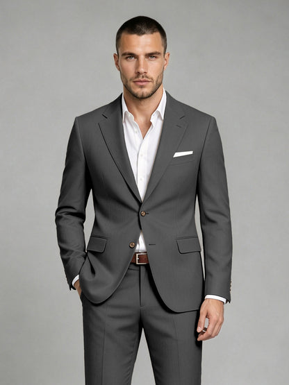 Savile Men's Dark Black Wool-Blend 2-Piece Suit Set – Two-Button Notch Lapel Slim-Fit Blazer & Turn-Up Trousers - Black