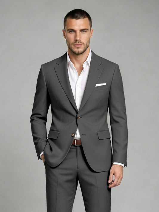 Savile Men's Dark Black Wool-Blend 2-Piece Suit Set – Two-Button Notch Lapel Slim-Fit Blazer & Turn-Up Trousers - Black