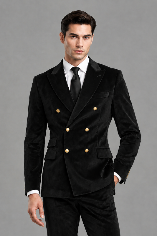 Savile Men's Black Velvet Double-Breasted 2-Piece Suit Set | Peak Lapel Blazer & Trousers - Black