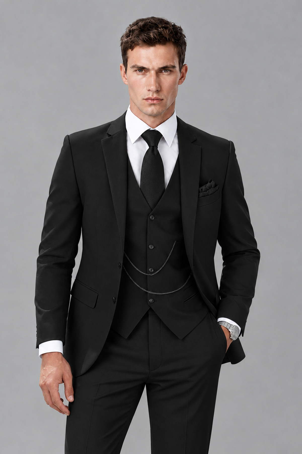Savile Black 3-Piece Suit with Notch Lapel & Chain Vest - Black