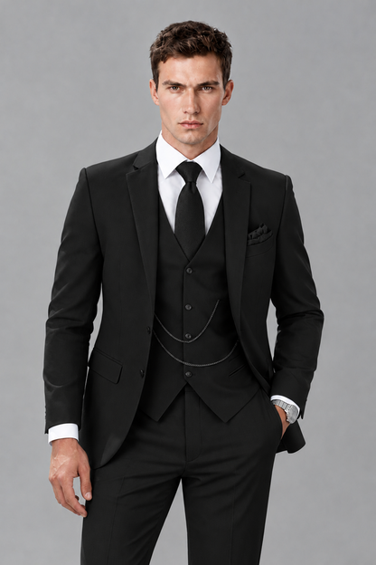 Savile Black 3-Piece Suit with Notch Lapel & Chain Vest - Black