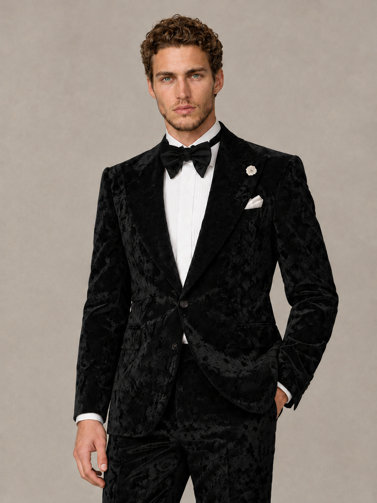 Savile Men's Black Crushed Velvet Peak Lapel 2-Piece Suit Set | Jacket & Trousers - Black - Black (1)