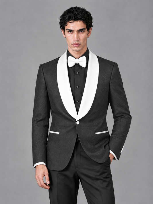 Savile Men's Black Jacquard White Shawl Lapel 2-Piece Tuxedo Suit Set | Jacket & Trousers - Black - Black (1)