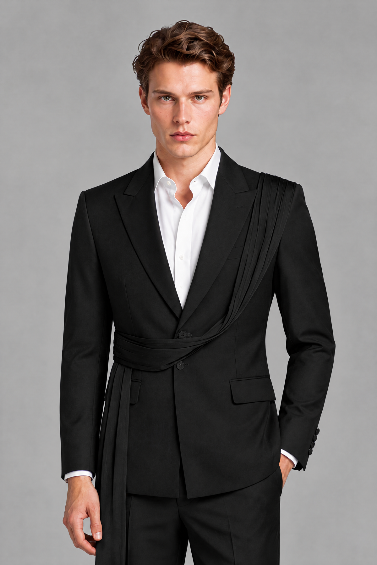 Men's Black Draped Sash Suit – Peak Lapel 2-Piece Slim Fit Party, Gala & Wedding Set - Black