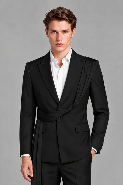 Men's Black Draped Sash Suit – Peak Lapel 2-Piece Slim Fit Party, Gala & Wedding Set - Black