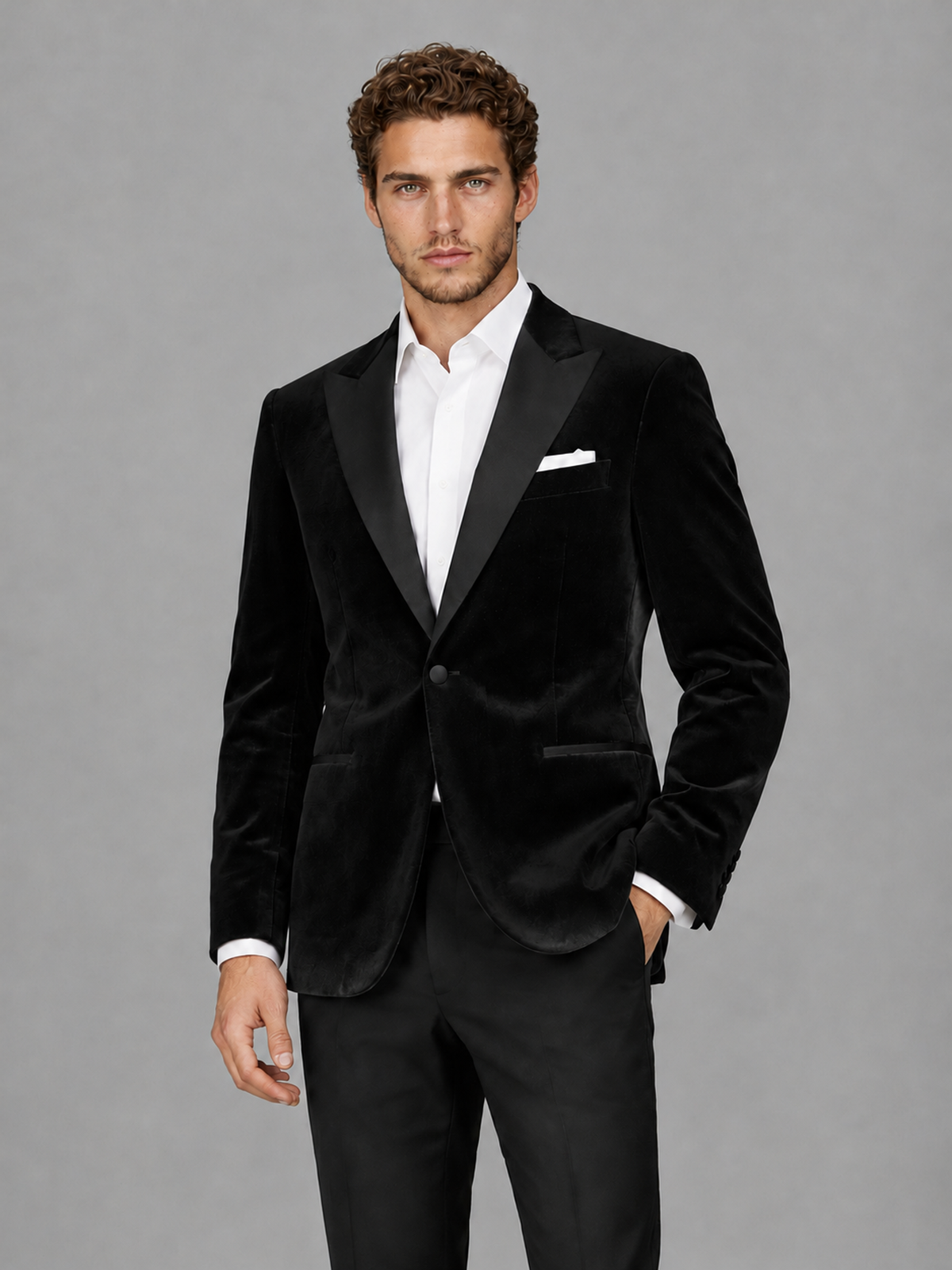 Savile Men's Black Velvet Peak Lapel 2-Piece Tuxedo Suit Set | Jacket & Trousers - Black