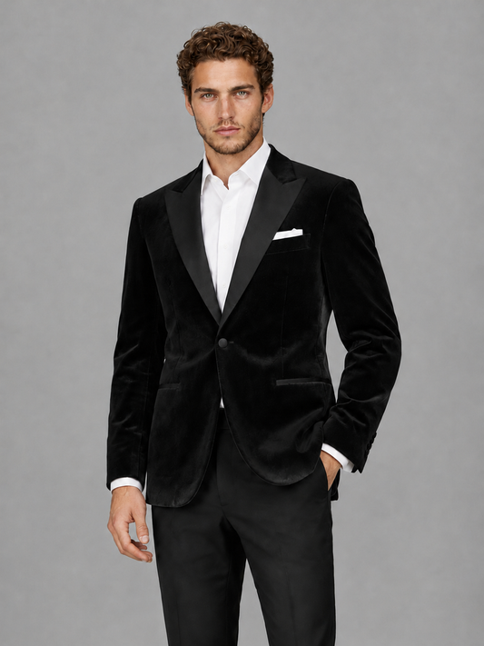 Savile Men's Black Velvet Peak Lapel 2-Piece Tuxedo Suit Set | Jacket & Trousers - Black