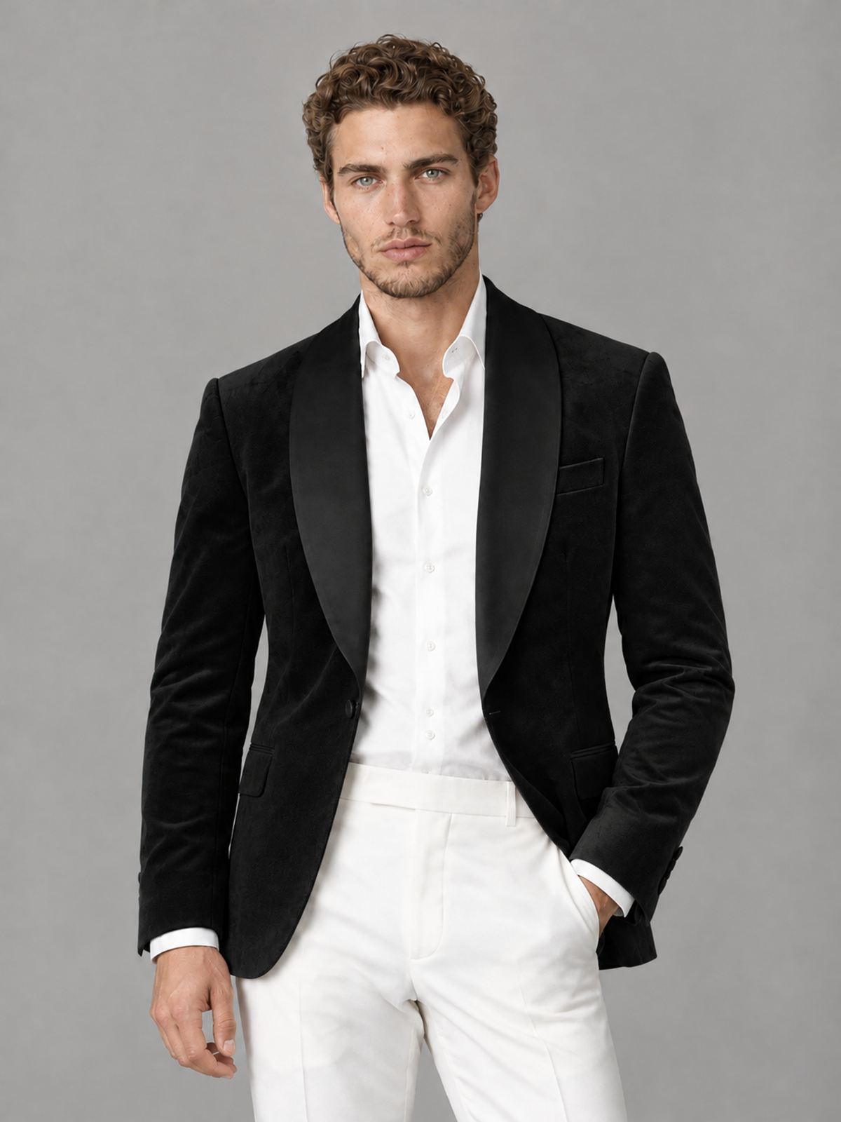 Savile Men's Black Velvet Shawl Lapel 2-Piece Tuxedo Suit Set | Jacket & White Trousers - Black - Black (1)