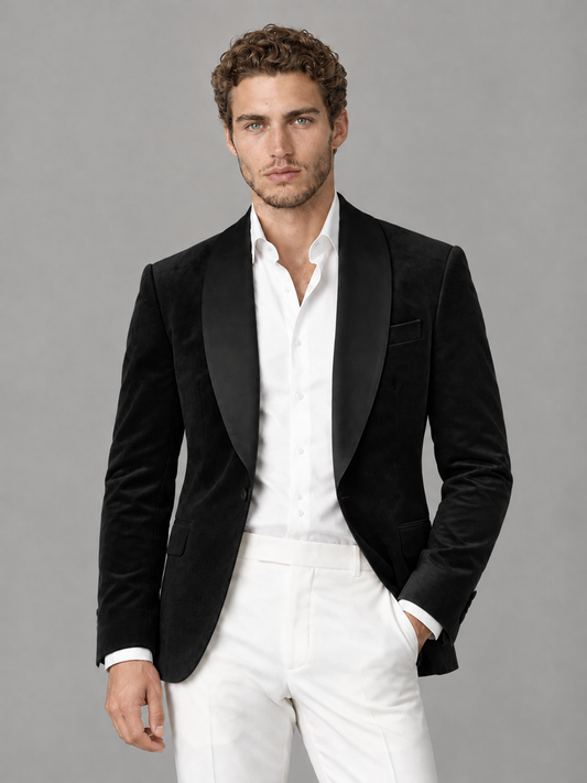 Savile Men's Black Velvet Shawl Lapel 2-Piece Tuxedo Suit Set | Jacket & White Trousers - Black - Black (1)