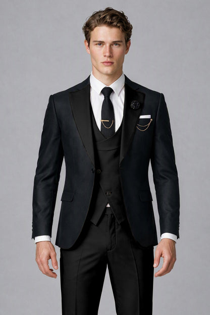 Savile Men's Black & Black Three-Piece Wedding Suit - Black